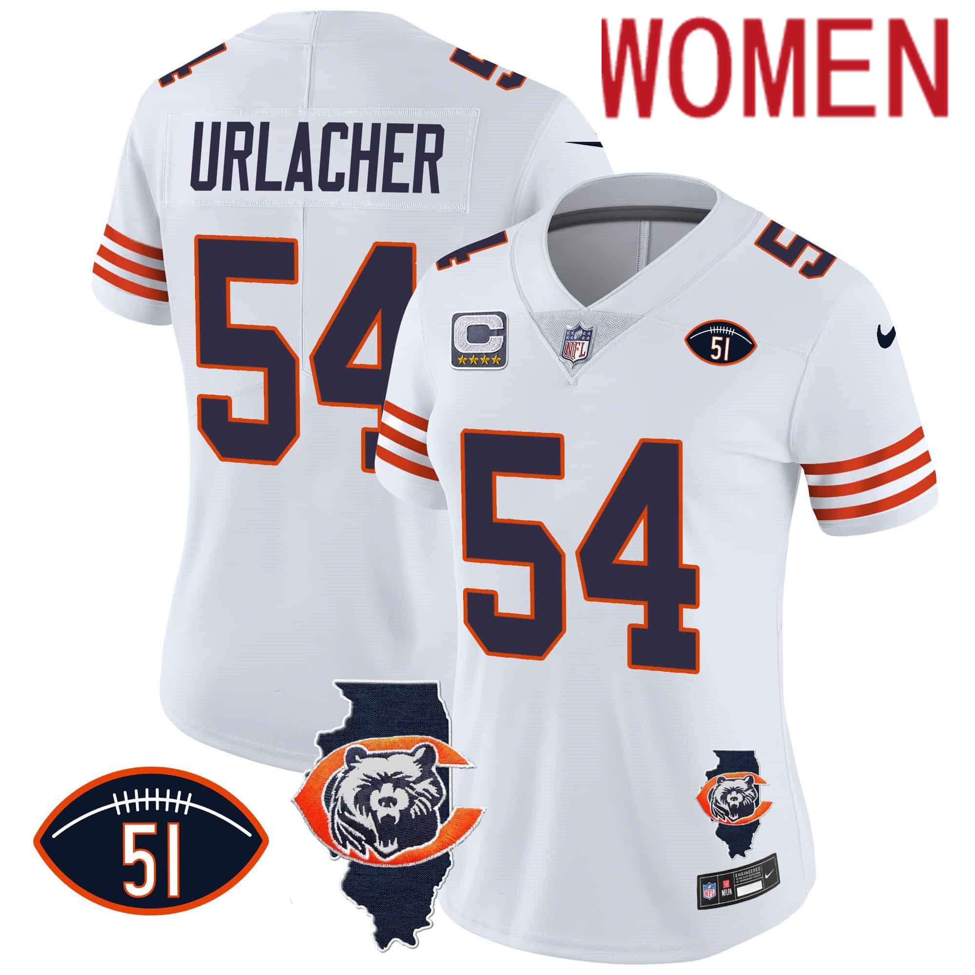 Women Chicago Bears #54 Urlacher White 2024 Nike Throwback Illinois Patch Vapor NFL Jersey